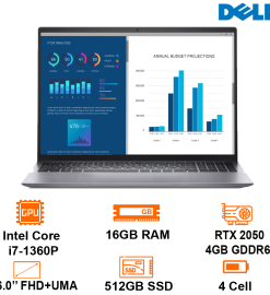 Laptop Dell Vostro 5630 - Gray - 16 FHD+ UMA; i7-1360P; 16GB 4800 DDR5 onbo; 512GB SSD; VGA 4G RTX2050; Alu; Win11H+ OfficeHS21; 1Y IH (V5630-THT7N)