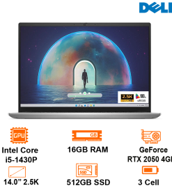 Laptop Dell Inspiron 14 5430 - Silver - 14" 16:10 2.5K 100% sRGB; Intel Core i5-1340P; 16GB on; 512GB SSD NVMe; VGA RTX2050 4GB; WF6e + BT5.2; Polyc; Win11H+ OfficeHS21; 1Y IH (N5430-I5P165W11SL2050)