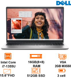 Laptop Dell Inspiron 15 3530 - Silver - 15.6 FHD WVA; i7-1355U; 16GB(8+8); 512GB SSD; VGA 2GB MX550; WF6 + BT5.0; Polyc; Win11H+ OfficeHS21; 1Y IH (N3530-N3530I716W1-SILVER)