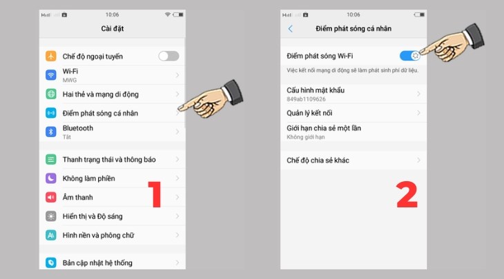 Bạn truy cập vào Cài đặt và gạt thanh sang phải tại mục Điểm phát sóng Wifitrong phần Điểm phát sóng cá nhân