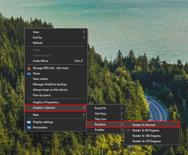 Nhấp chuột phải vào màn hình Desktop để xoay màn hình trở lại Nhấp chuột phải vào màn hình Desktop để xoay màn hình trở lại