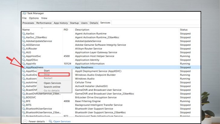 Bạn chọn Stop tại dịch vụ AppReadiness