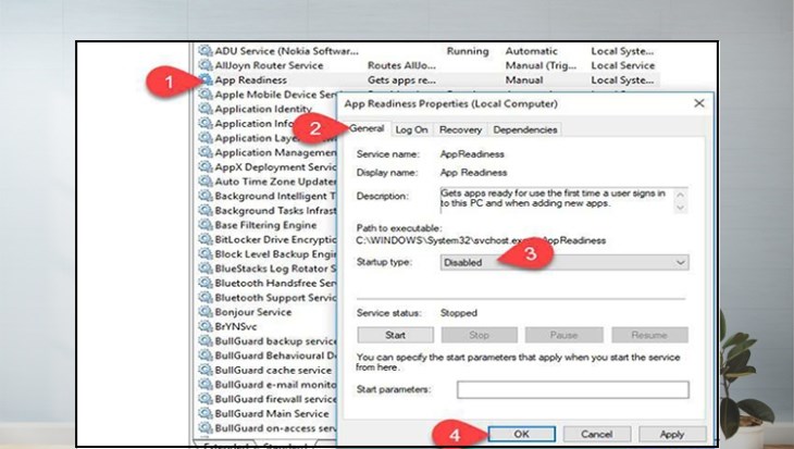 Bạn đặt tùy chọn Startup type thành Disable
