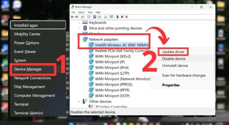 Người dùng chọn Update driver để kiểm tra lại driver Network Adapter Người dùng chọn Update driver để kiểm tra lại driver Network Adapter