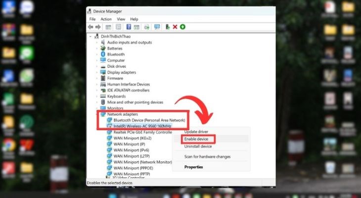 Người dùng chọn Enable Device để bật lại Network Adapter Người dùng chọn Enable Device để bật lại Network Adapter