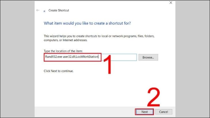 Thao tác trong Create Shortcut
