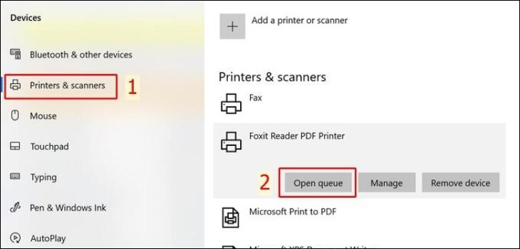 Chọn Printers & Scanners, tiếp theo chọn Open Queue Chọn Printers & Scanners, tiếp theo chọn Open Queue