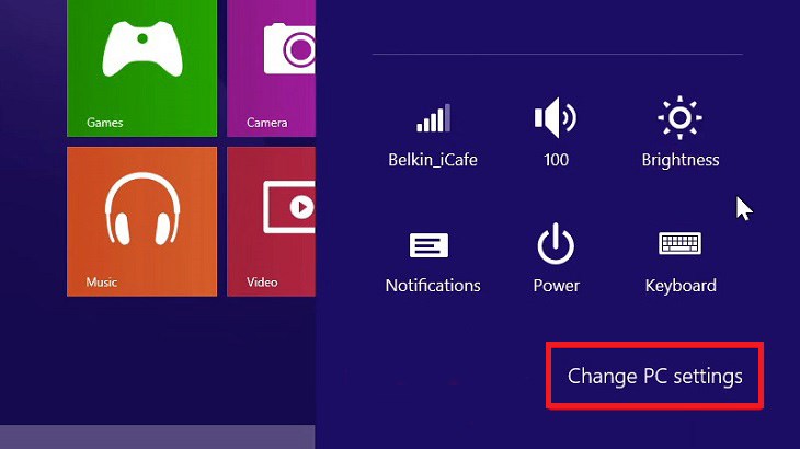 Chọn Change PC settings Chọn Change PC settings