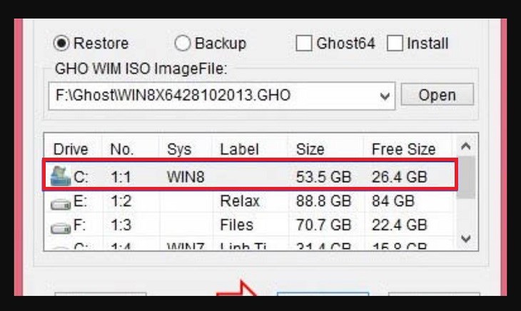 Chọn ổ đĩa để bung file ghost Chọn ổ đĩa để bung file ghost