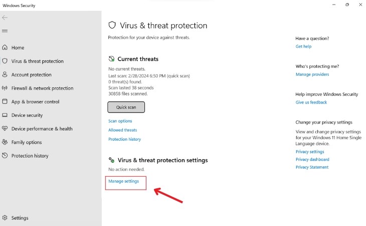 Nhấp chuột vào Manage settings Nhấp chuột vào Manage settings