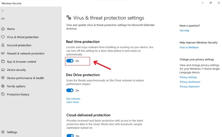 Nhấp chuột vào chữ On trong mục Real-time protection để tắt Windows security Nhấp chuột vào chữ On trong mục Real-time protection để tắt Windows security