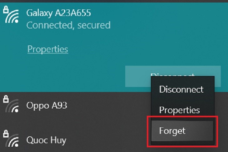 Bạn nhấn vào Forget để xóa mạng WiFi Bạn nhấn vào Forget để xóa mạng WiFi