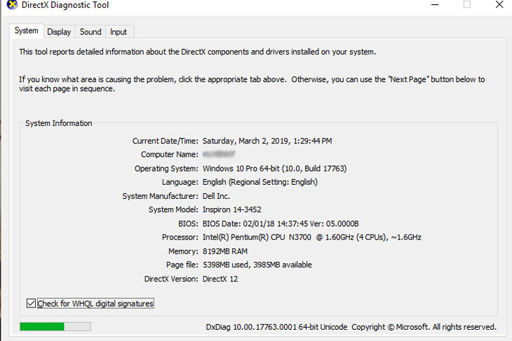 Xem thông tin cấu hình máy tính trên cửa sổ DirectX Diagnostic Tool. Xem thông tin cấu hình máy tính trên cửa sổ DirectX Diagnostic Tool.