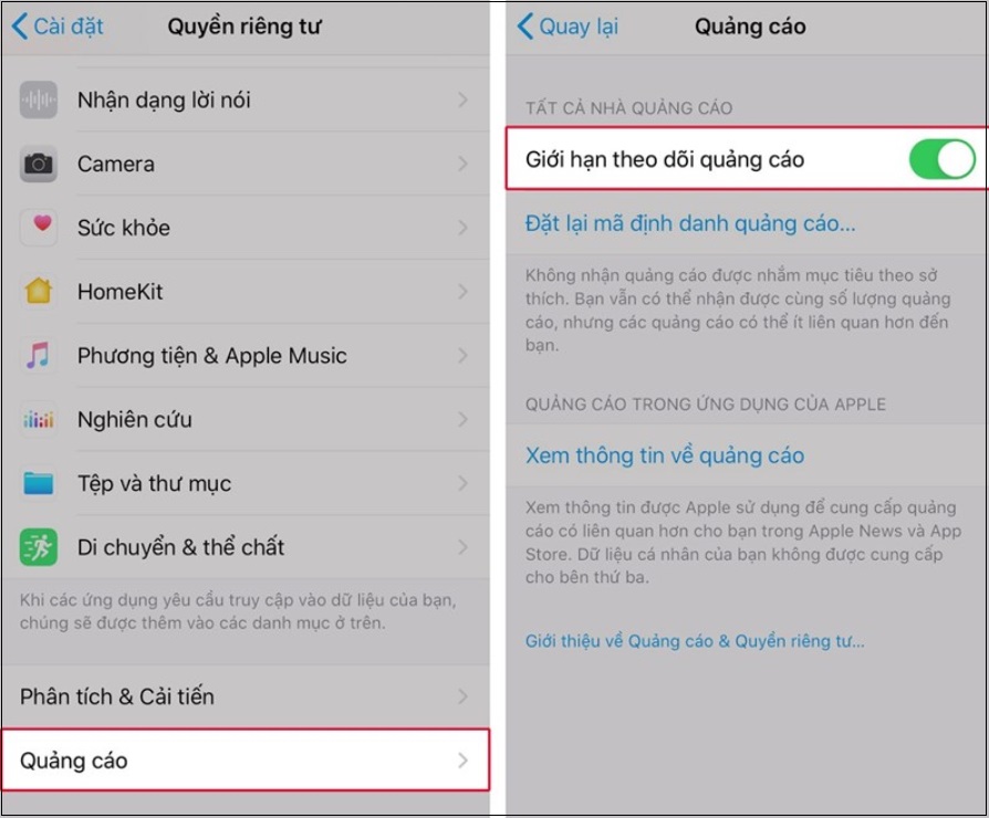 Bật hạn chế theo dõi quảng cáo