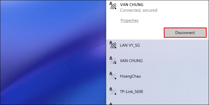 Nhấn Disconnect để ngắt kết nối Wi-Fi