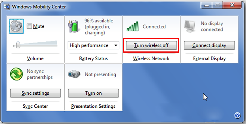 Chọn vào Turn wireless on (bật Wifi) hoặc Turn wireless off (tắt Wifi).
