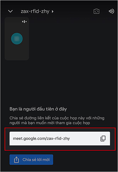 Copy đường link ở khung bên trái hoặc copy mã lớp học là các ký tự ở sau cụm meet.google.com/ Copy đường link ở khung bên trái hoặc copy mã lớp học là các ký tự ở sau cụm meet.google.com/