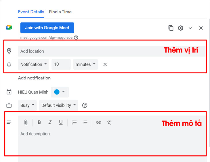 Thêm vị trí và mô tả cho buổi học online Thêm vị trí và mô tả cho buổi học online