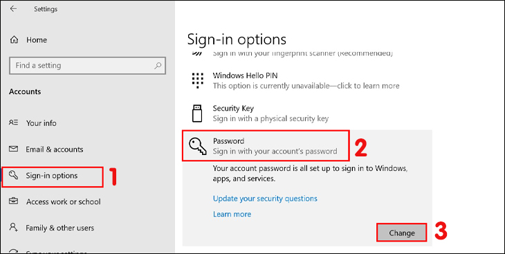 Bạn vào mục Sign-in options, chọn Password và nhấn vào Change