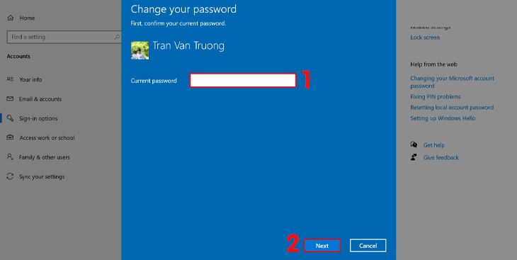 Bạn điền Current password (mật khẩu hiện tại) vào