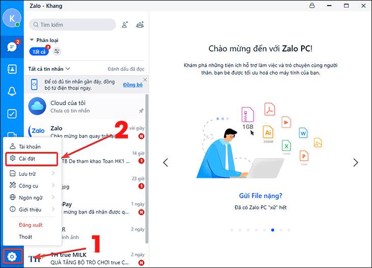 Chọn biểu tượng Cài đặt ở góc dưới bên trái giao diện Zalo Chọn biểu tượng Cài đặt ở góc dưới bên trái giao diện Zalo