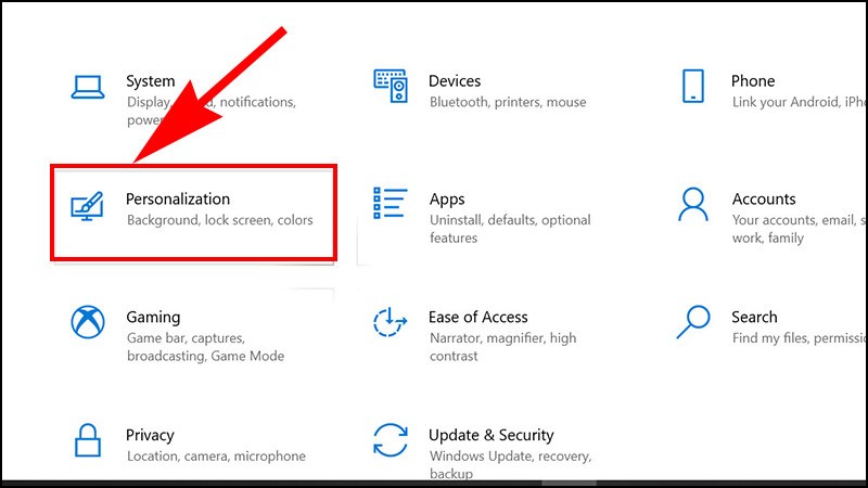 Mở cửa sổ Personalize thông qua Settings