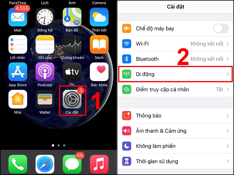 Bạn truy cập vào mục Di động trong phần Cài đặt của điện thoại Bạn truy cập vào mục Di động trong phần Cài đặt của điện thoại