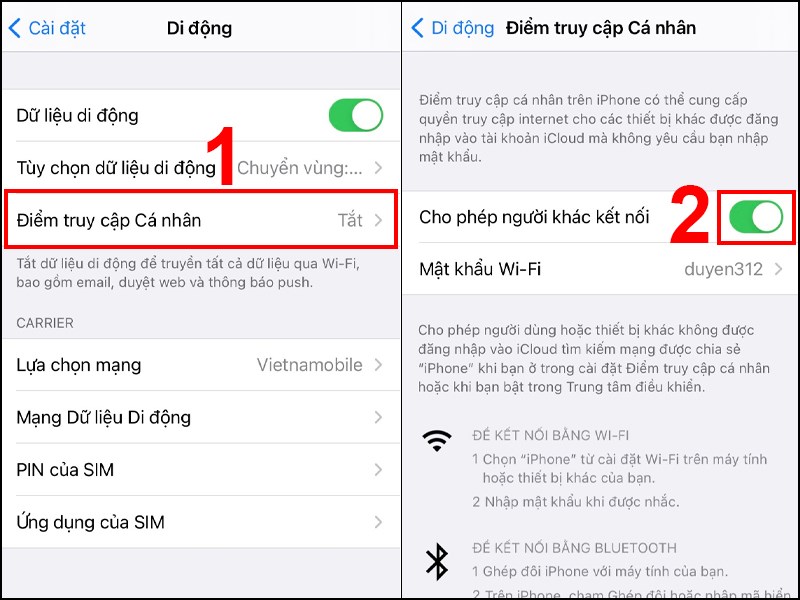 Bạn truy cập vào mục Cho phép người khác kết nối trong phần Điểm truy cập cá nhân và gạt thanh sang phải Bạn truy cập vào mục Cho phép người khác kết nối trong phần Điểm truy cập cá nhân và gạt thanh sang phải