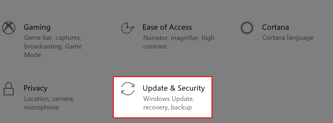 Giao diện Settings xuất hiện, chọn Update & Security Bạn bấm chọn vào mục Update & Security khi giao diện Settings xuất hiện