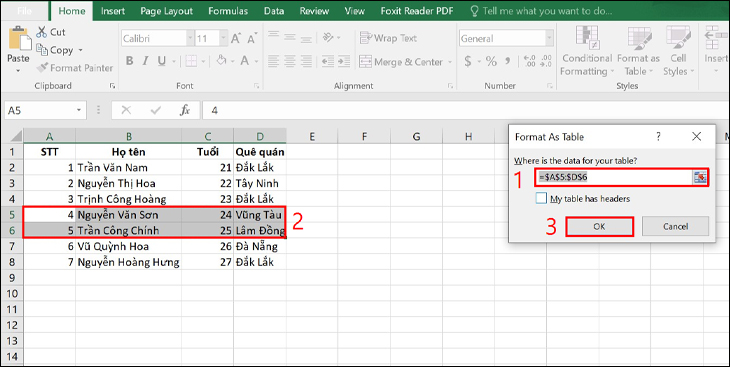 chọn vùng dữ liệu mình cần tại ô Where is the data for your table? và nhấp OK chọn vùng dữ liệu mình cần tại ô Where is the data for your table? và nhấp OK