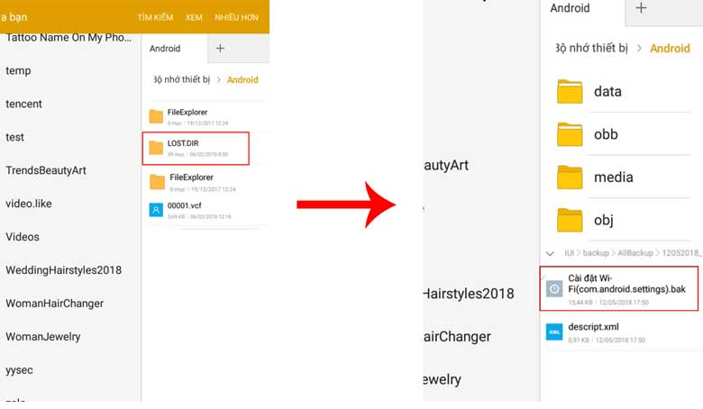 Danh sách các mạng Wifi và mật khẩu đã truy cập sẽ xuất hiện trong thư mục LOST.DIR 