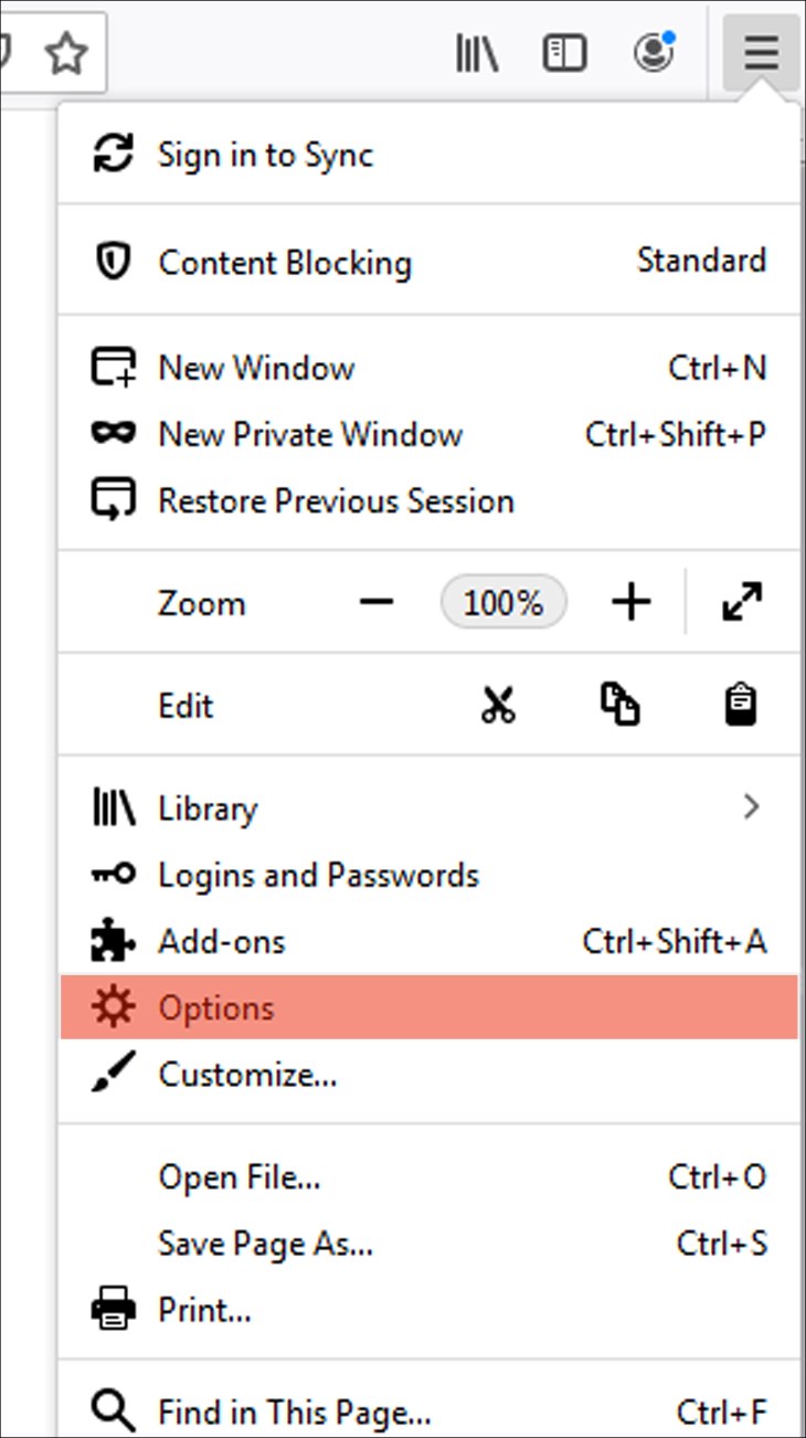 Bạn chọn vào menu Firefox rồi chọn Options
