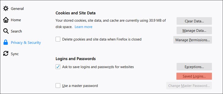 Bạn chọn vào Privacy and Security rồi chọn Saved Logins
