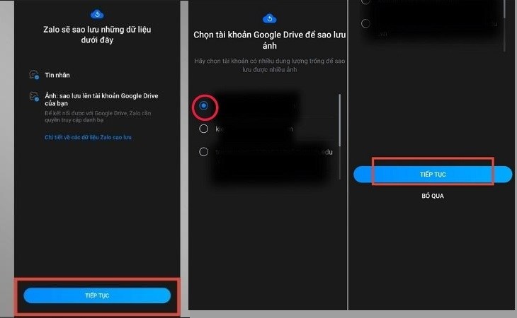 Các bước chọn tài khoản Google Drive để bắt đầu sao lưu dữ liệu Các bước chọn tài khoản Google Drive để bắt đầu sao lưu dữ liệu