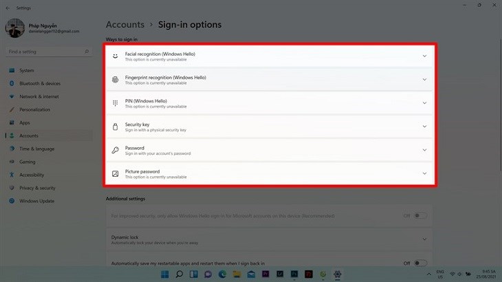 Bạn chọn vào mục Password rồi nhấn Change