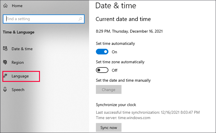 Trong cửa sổ Time & Language, bạn chọn mục Language. Trong cửa sổ Time & Language, bạn chọn mục Language.