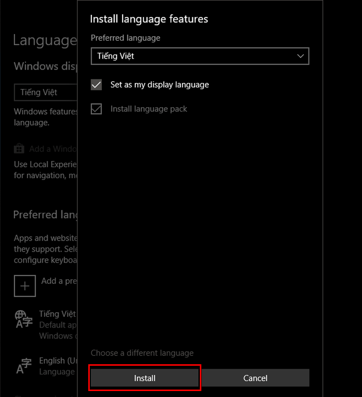 Chọn Install để tiến hành cài đặt gói ngôn ngữ Chọn Install để tiến hành cài đặt gói ngôn ngữ