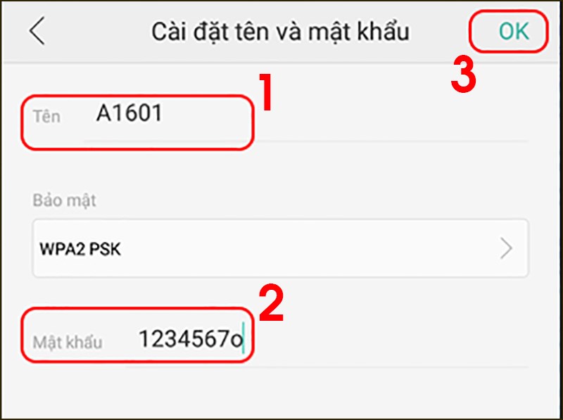 Bạn nhập tên và mật khẩu Wifi rồi lưu lại bằng nút OK Bạn nhập tên và mật khẩu Wifi rồi lưu lại bằng nút OK