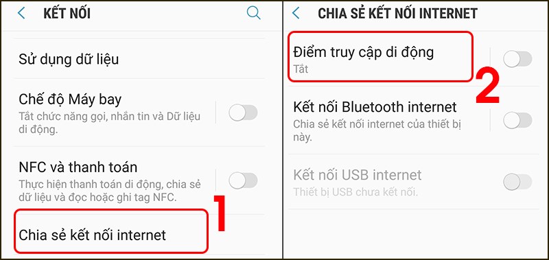 Tiếp tục chọn Chia sẻ kết nối Internet và bấm vào Điểm truy cập di động Tiếp tục chọn Chia sẻ kết nối Internet và bấm vào Điểm truy cập di động
