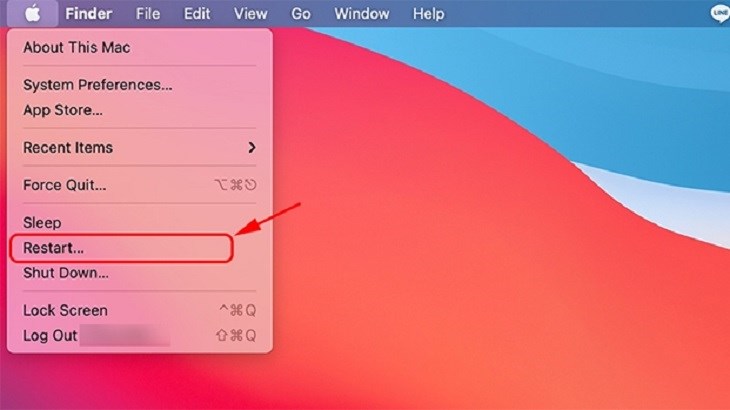 Bạn bấm vào thanh Apple và chọn Restart để khởi động lại máy Bạn bấm vào thanh Apple và chọn Restart để khởi động lại máy