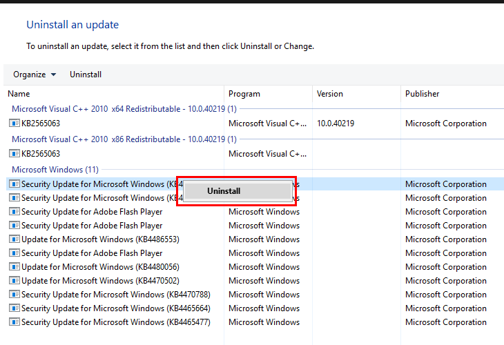 Chọn phiên bản cập nhật gây lỗi và chọn Uninstall Chọn phiên bản cập nhật gây lỗi và chọn Uninstall