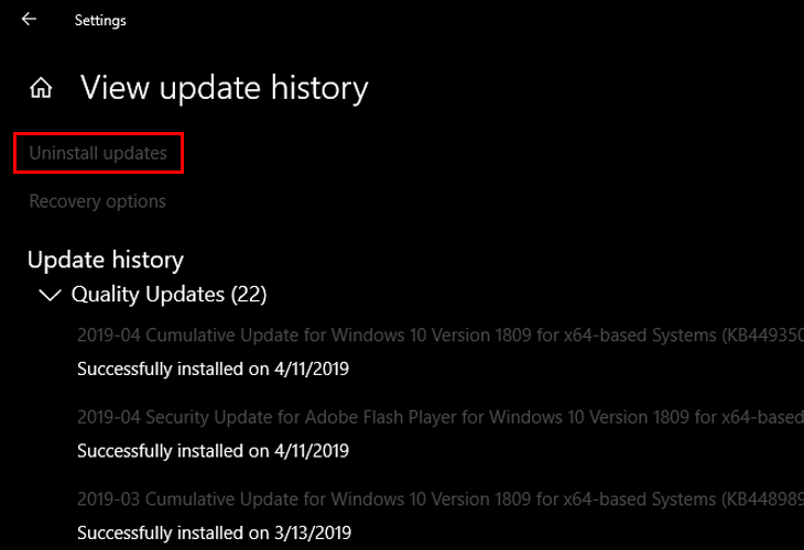 Giao diện View Update History Giao diện View Update History