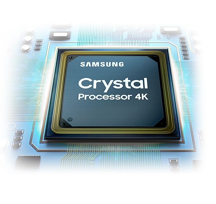 Hiển thị là một bộ xử lý tinh thể. Logo Samsung có thể được nhìn thấy ở phía trên cùng với logo Crystal Bộ xử lý 4K.
