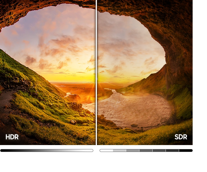 Hình ảnh hang động bên bờ biển bên trái cho thấy dải sáng tối rộng hơn nhờ công nghệ HDR so với hình ảnh SDR bên phải.