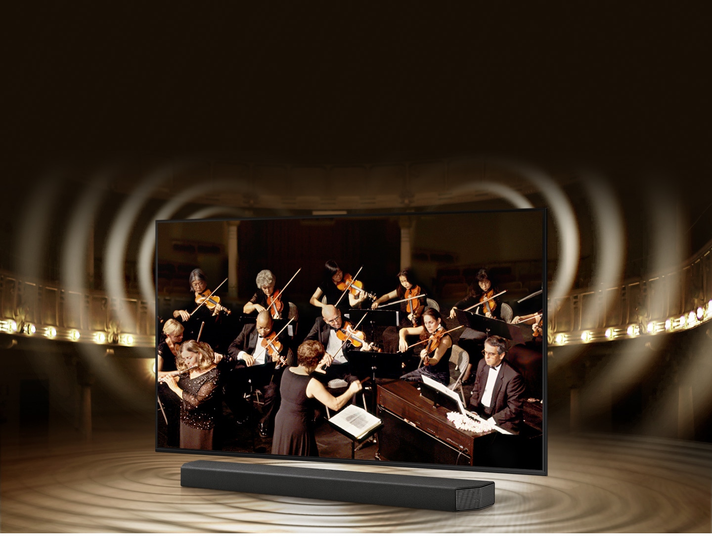 Đồ họa sóng âm thanh mô phỏng hiển thị công nghệ Q Symphony khi TV và soundbar phát âm thanh cùng nhau.