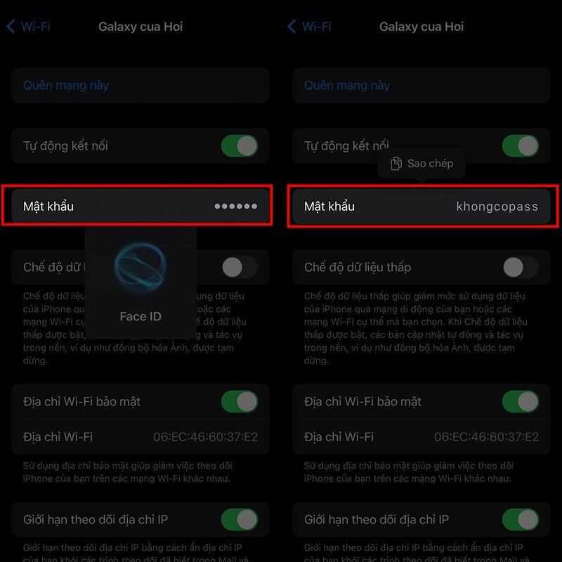 Điện thoại sẽ hiển thị mật khẩu sau khi xác nhận qua Face ID