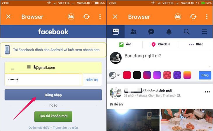Đăng nhập vào tài khoản Facebook của bạn. Sau khi đăng nhập ứng dụng sẽ hiển thị trang chủ Facebook Đăng nhập vào tài khoản Facebook của bạn. Sau khi đăng nhập ứng dụng sẽ hiển thị trang chủ Facebook