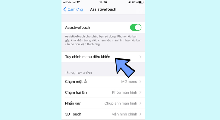 Trong giao diện AssistiveTouch nhấn vào menu điều khiển tùy chỉnh Trong giao diện AssistiveTouch nhấn vào menu điều khiển tùy chỉnh