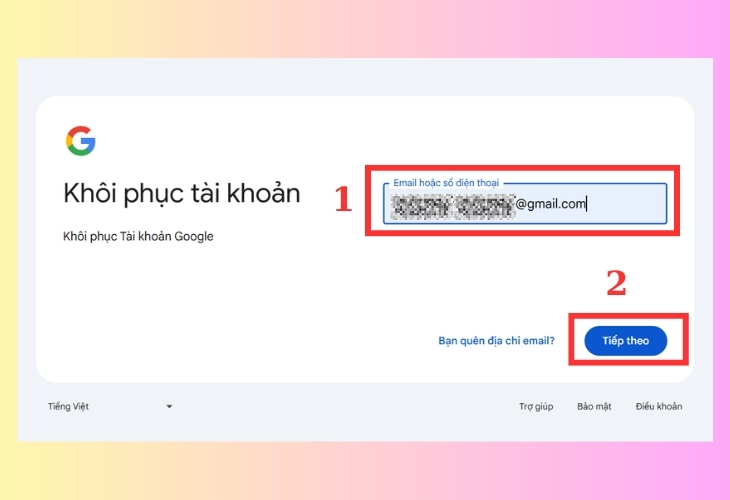 Nhập tài khoản Gmail có mật khẩu bạn muốn đặt lại. Sau đó bấm vào 