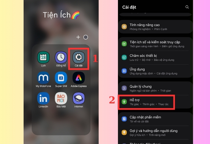 D Vào cài đặt chọn hỗ trợ